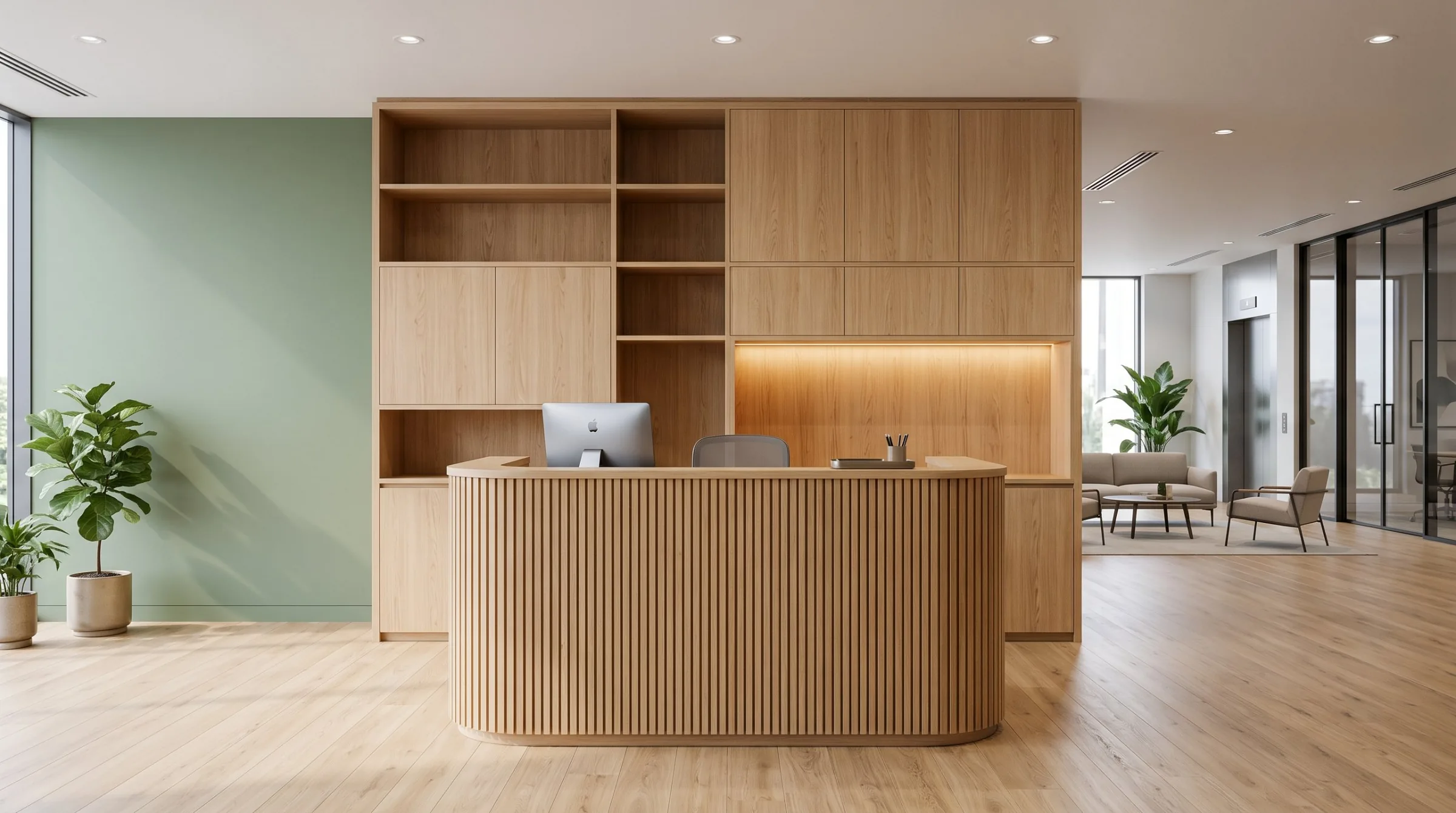 Bespoke oak reception desk and storage wall
