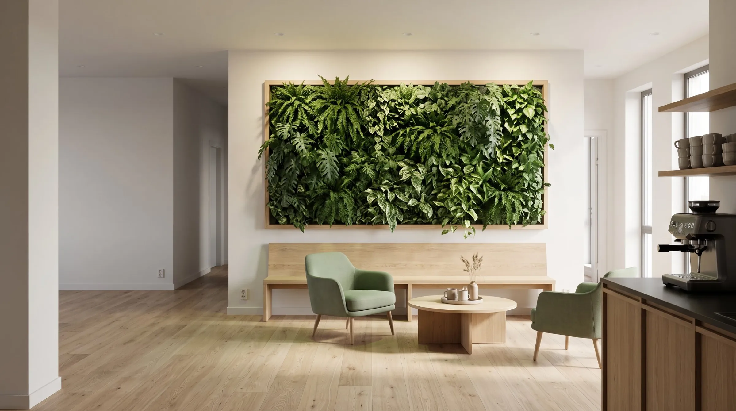 Dezelfde muur nadien, met een groene wand in een eiken kader