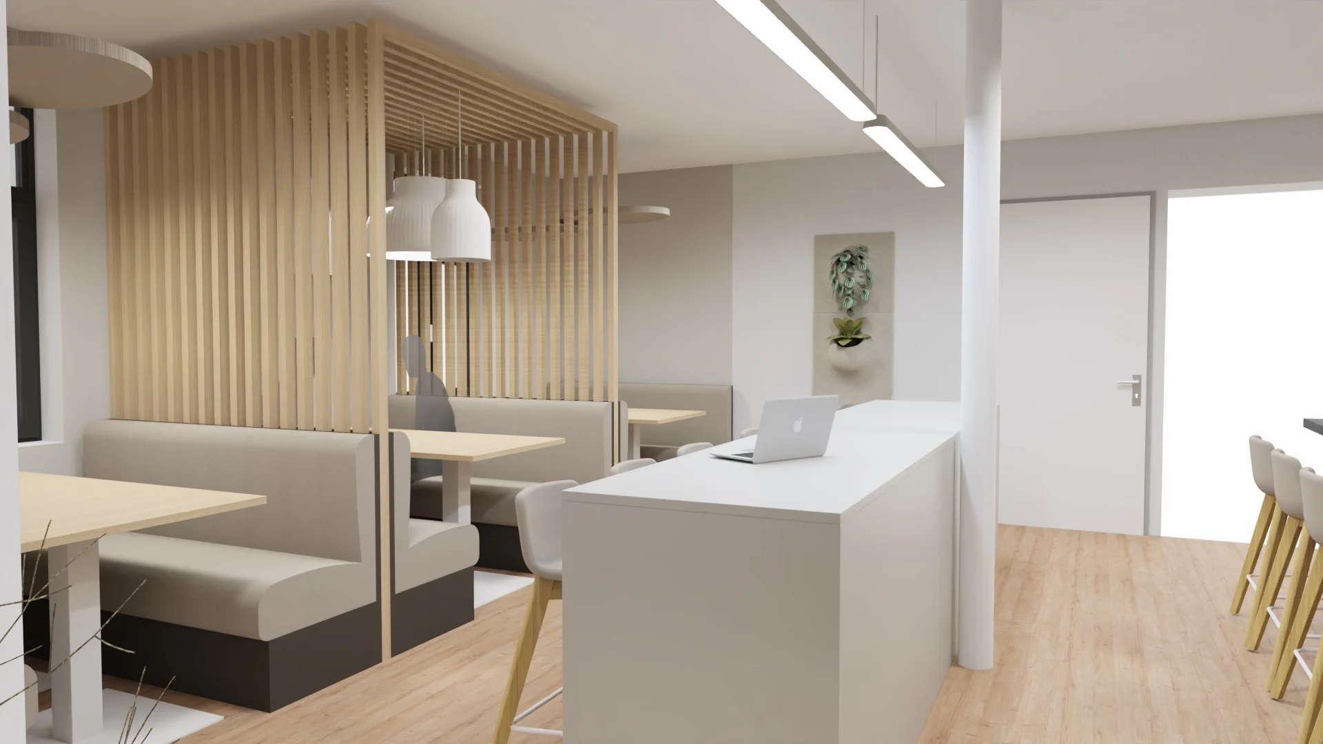 3D view of a break area with benches and a wooden screen