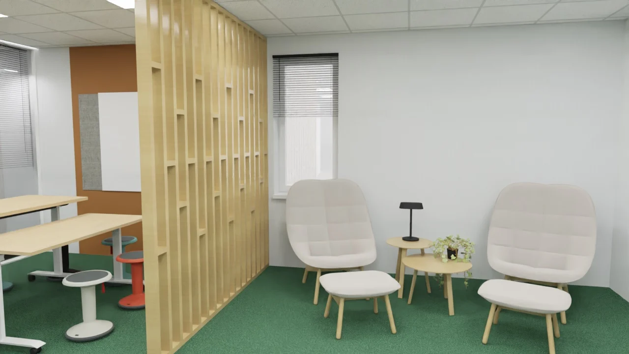 3D view of a break area with benches and a wooden screen