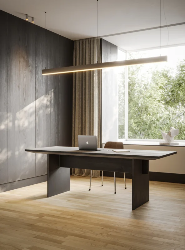 Executive desk and suspended linear lighting