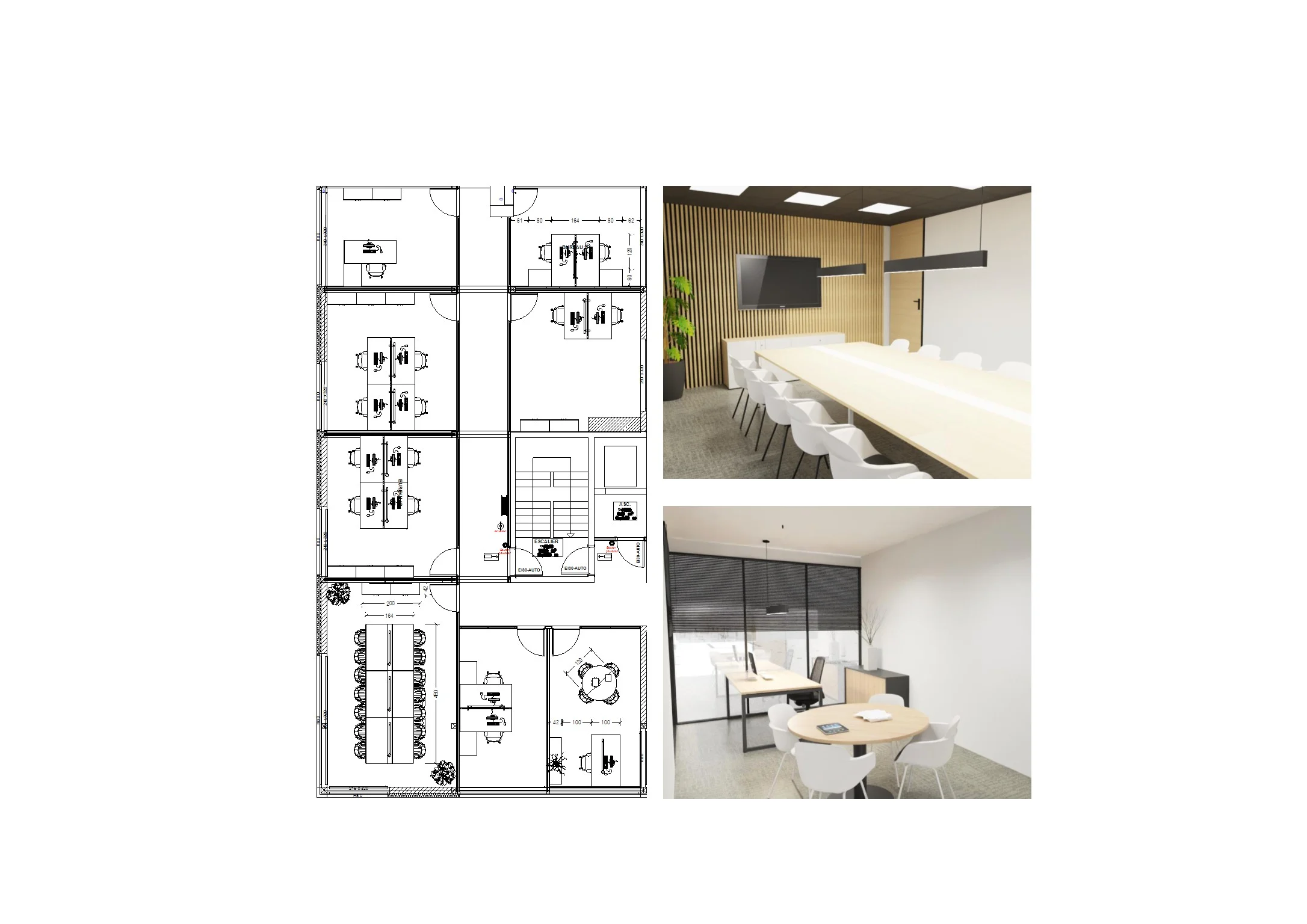 2D layout plan of an office floor with 3D views