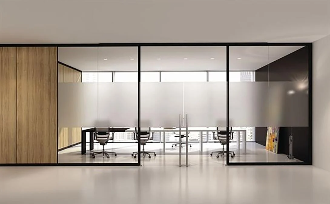 Meeting room enclosed by glass walls