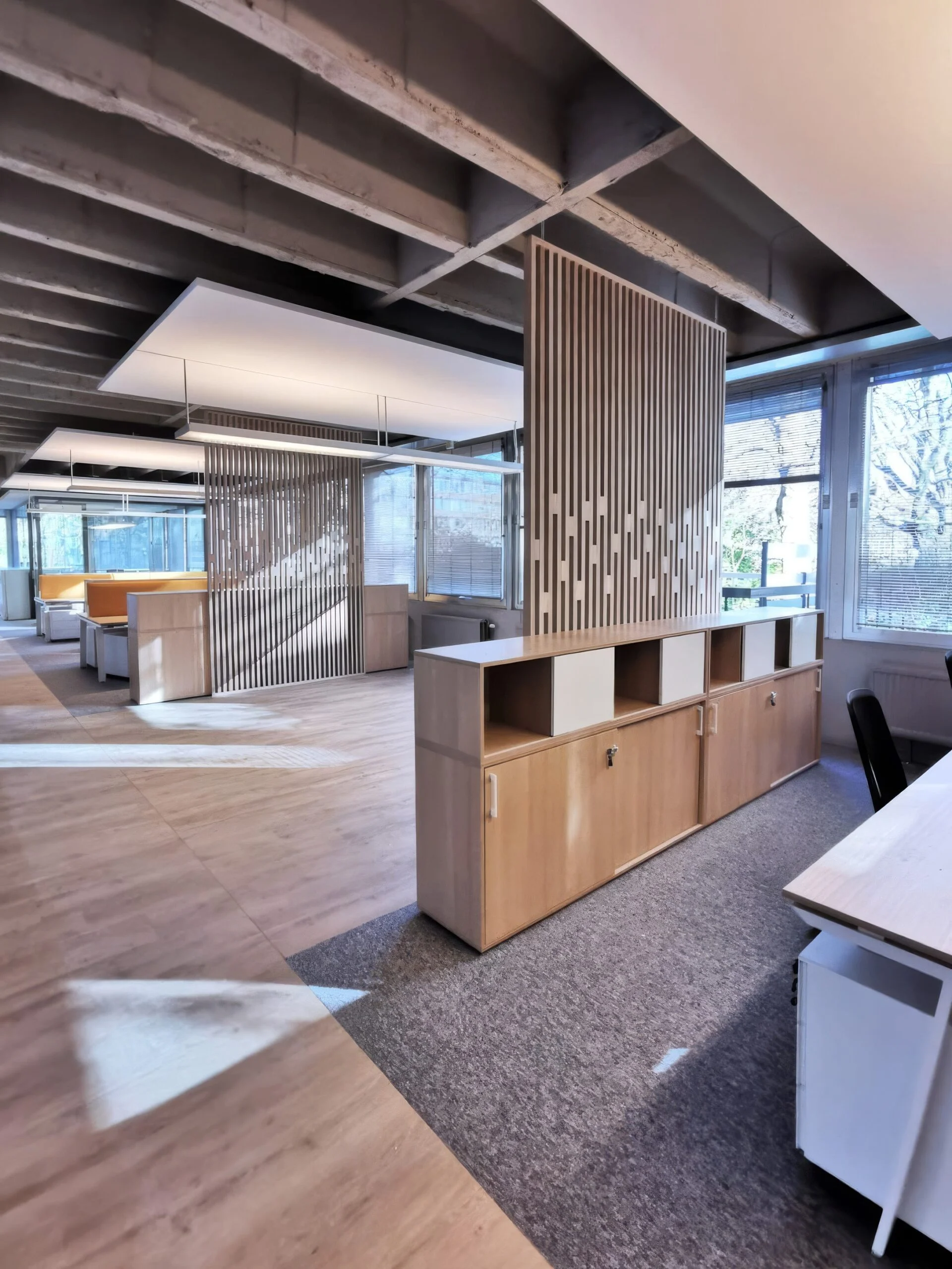 Completed office floor with wooden screen and oak storage