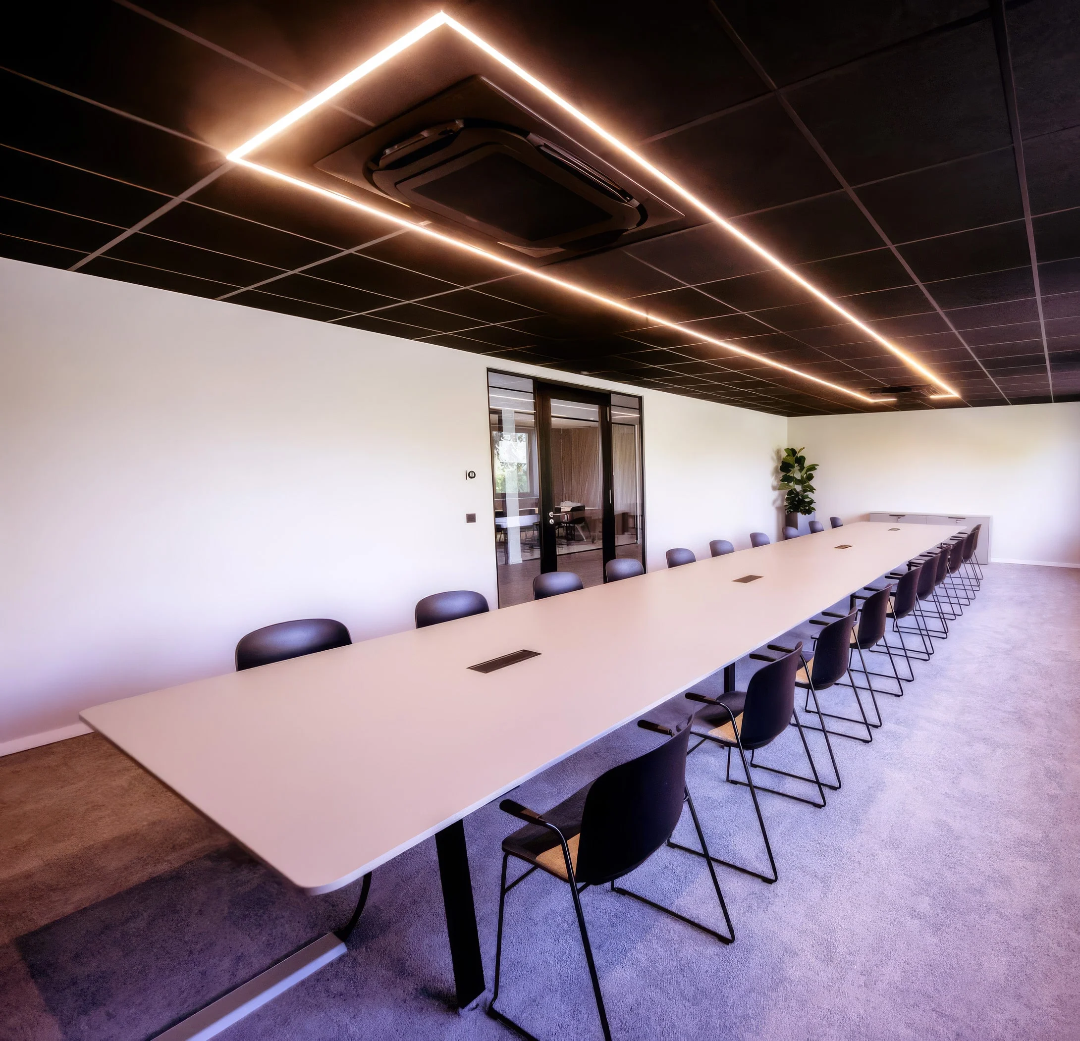 Conference room with long table and linear lighting, delivered by Wooh for Terumo BCT in Leuven